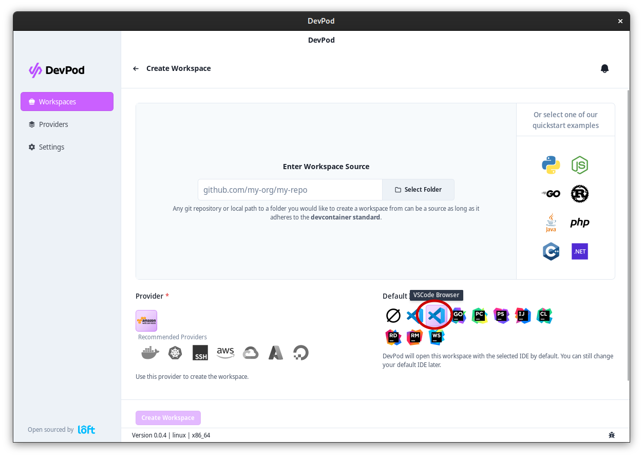 Devsy wizard – select VS Code Browser